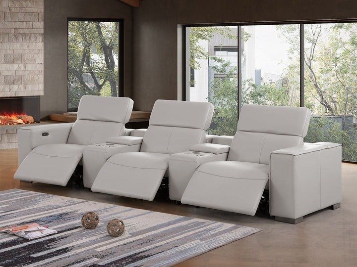 1208 - Leather Sofa With 3 Power Recliners And Two Storage Consoles