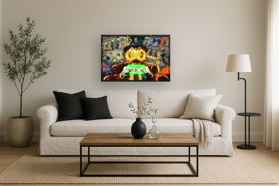 Neon Fortune Fowl - 25" x 37" Framed Wall Art - Black