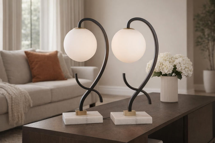 Lunar Loop Metal &amp; Marble Accent Lamp (Set of 2) - Matte Black / White