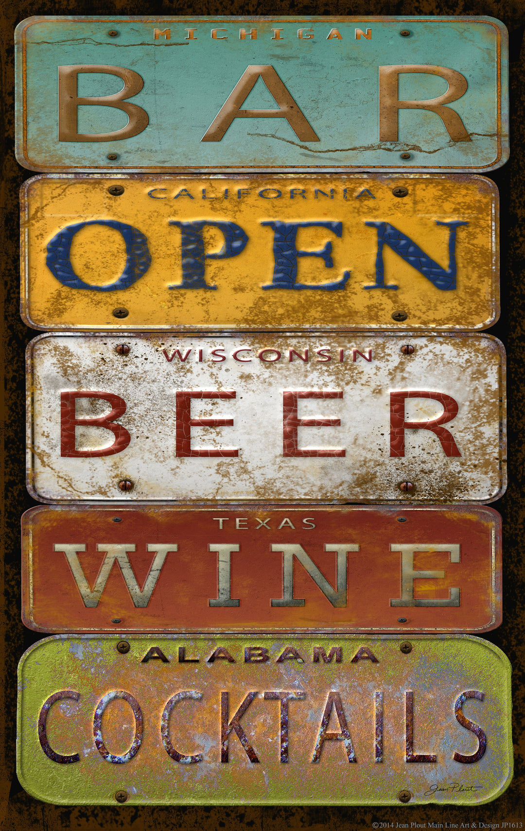 Framed Small - License Plate Bar Open By Jean Plout - Yellow