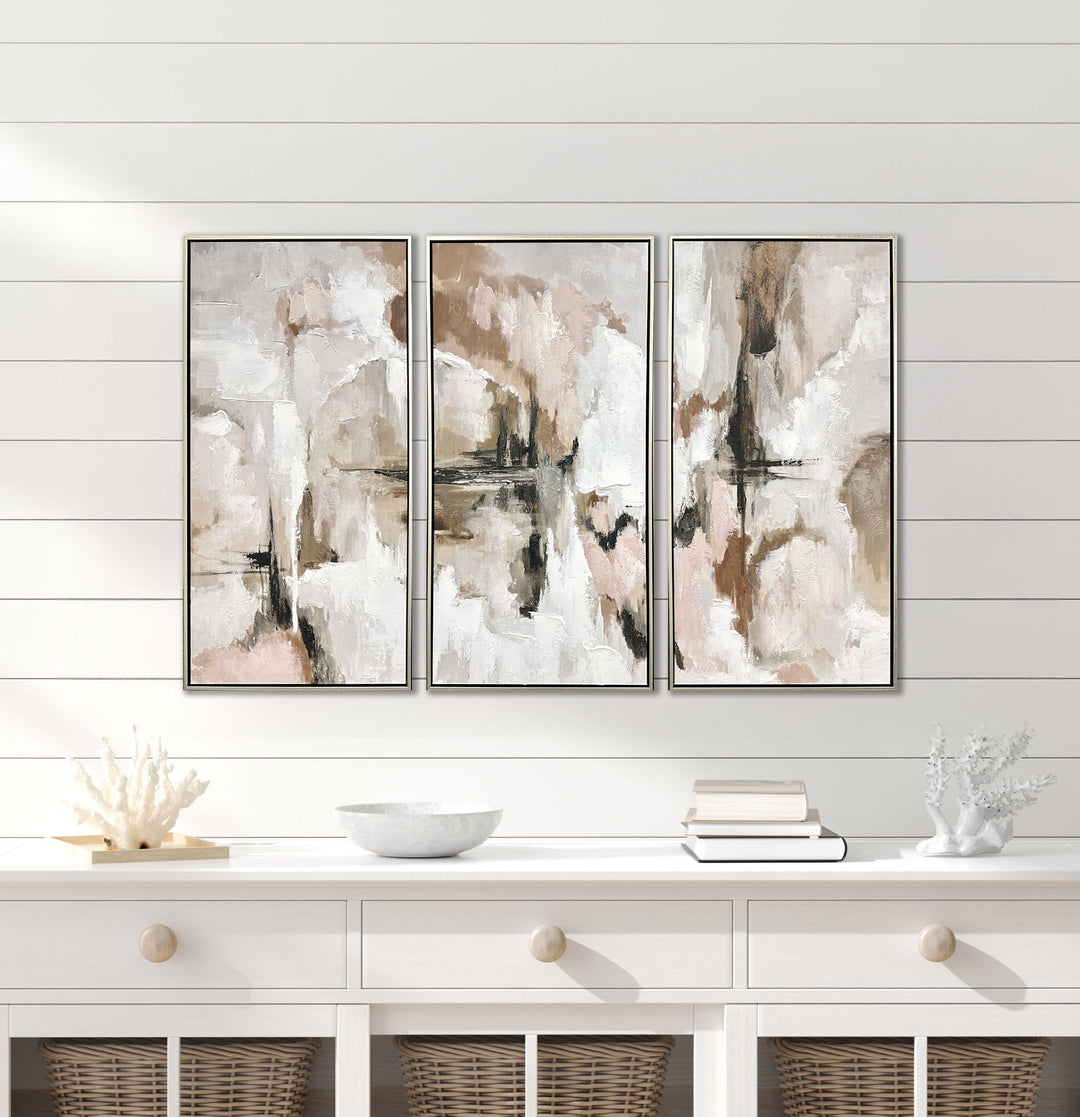 "Ethereal Reflections" Hand-Embellished Canvas Triptych In Frame - Neutral