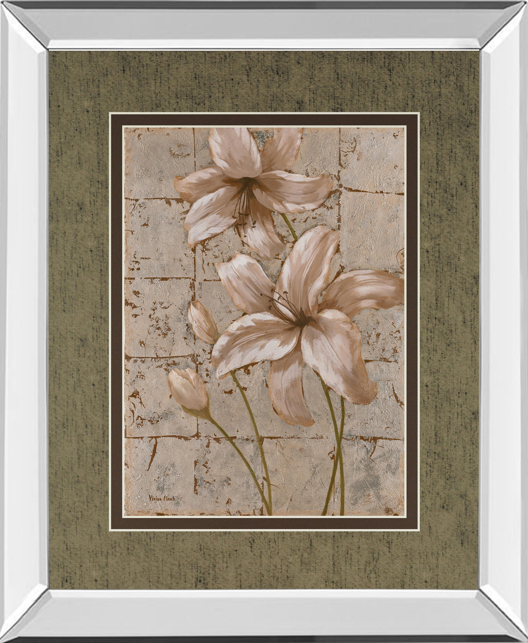 Lilies On Silver Il By Vivian Flasch - Mirror Framed Print Wall Art - White