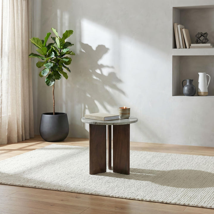 Jenna Round Marble Top Mango Wood Side End Table Brown