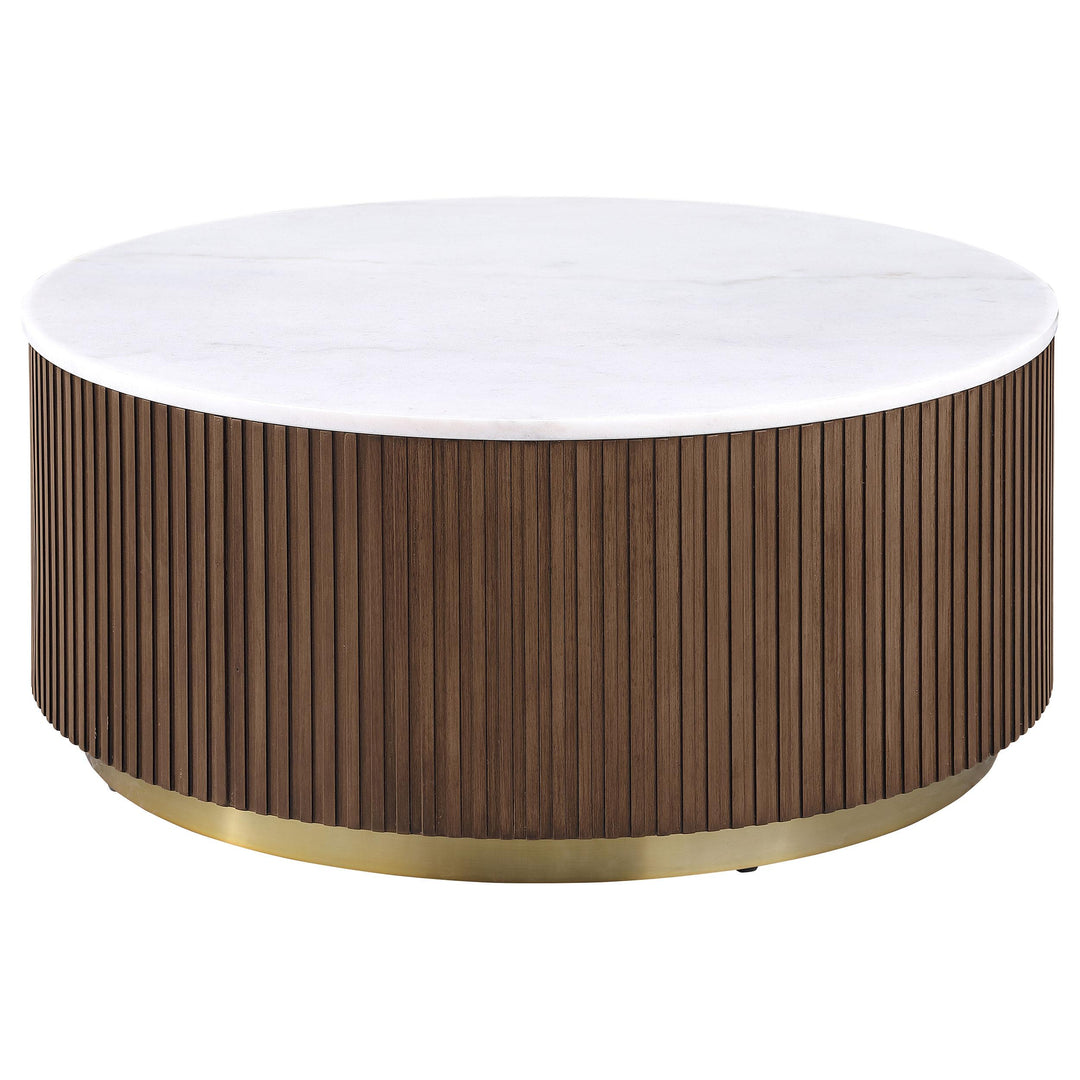Jason 2-piece Round White Marble Coffee Table Set Honey Brown