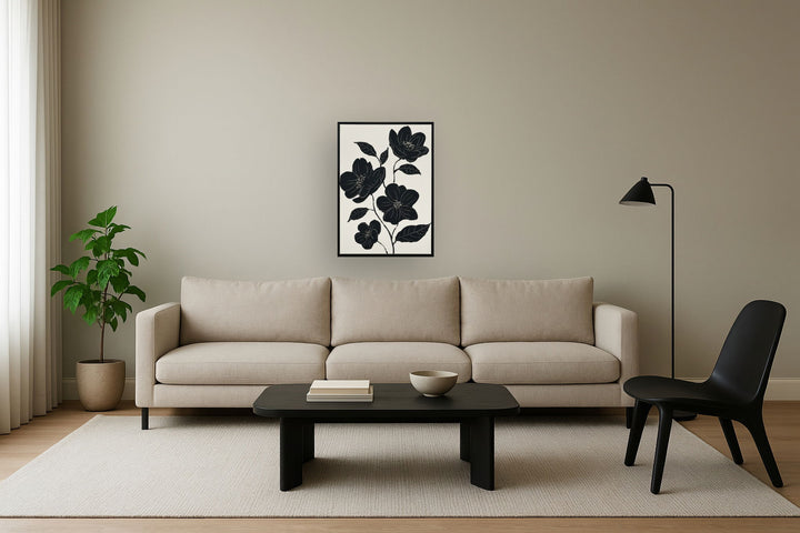 "Nocturnal Blooms II" Hand-Painted Canvas In Frame - Black / White / Canvas