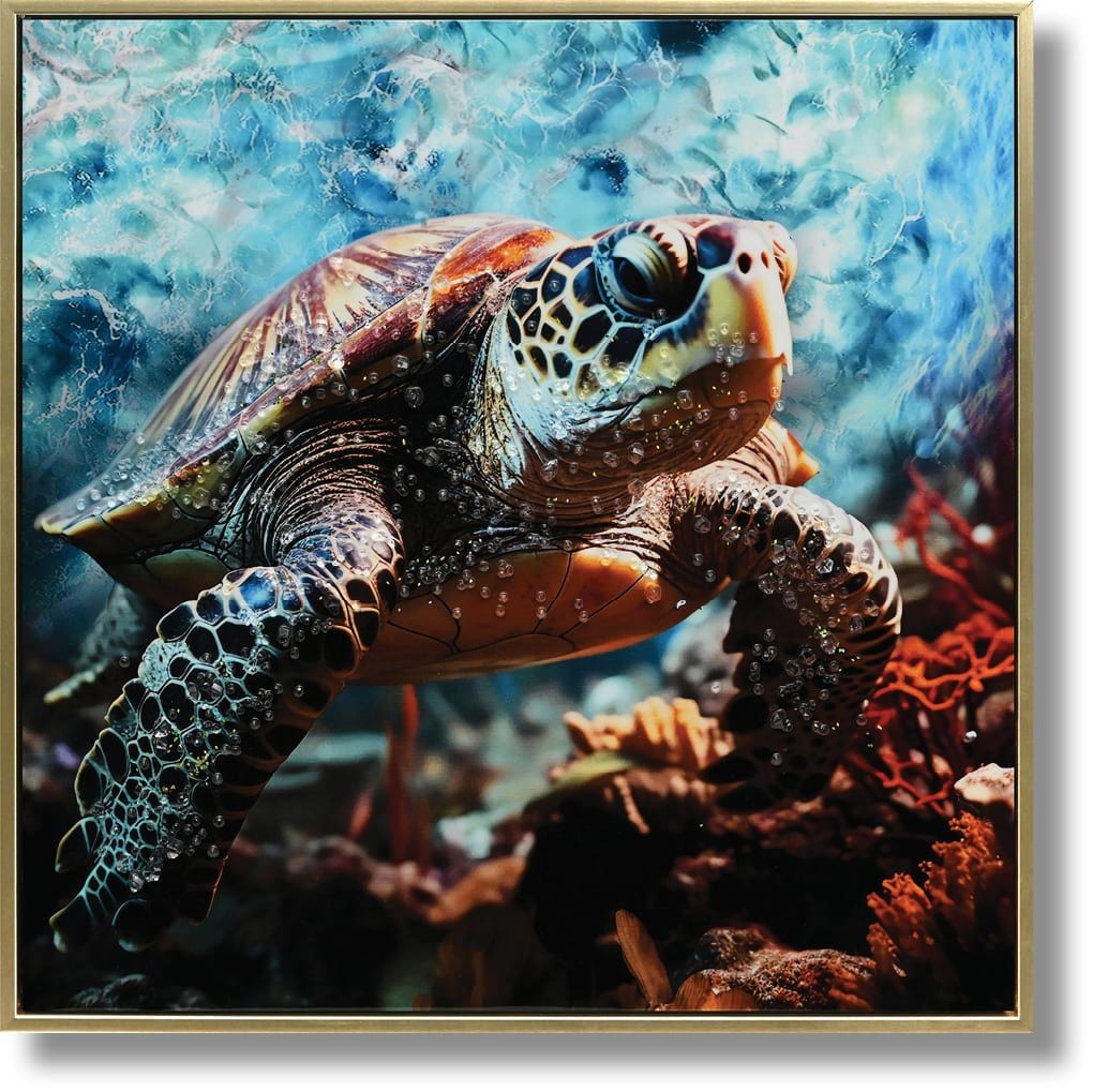 Sapphire Turtle Dive - 21" x 21" Framed Wall Art