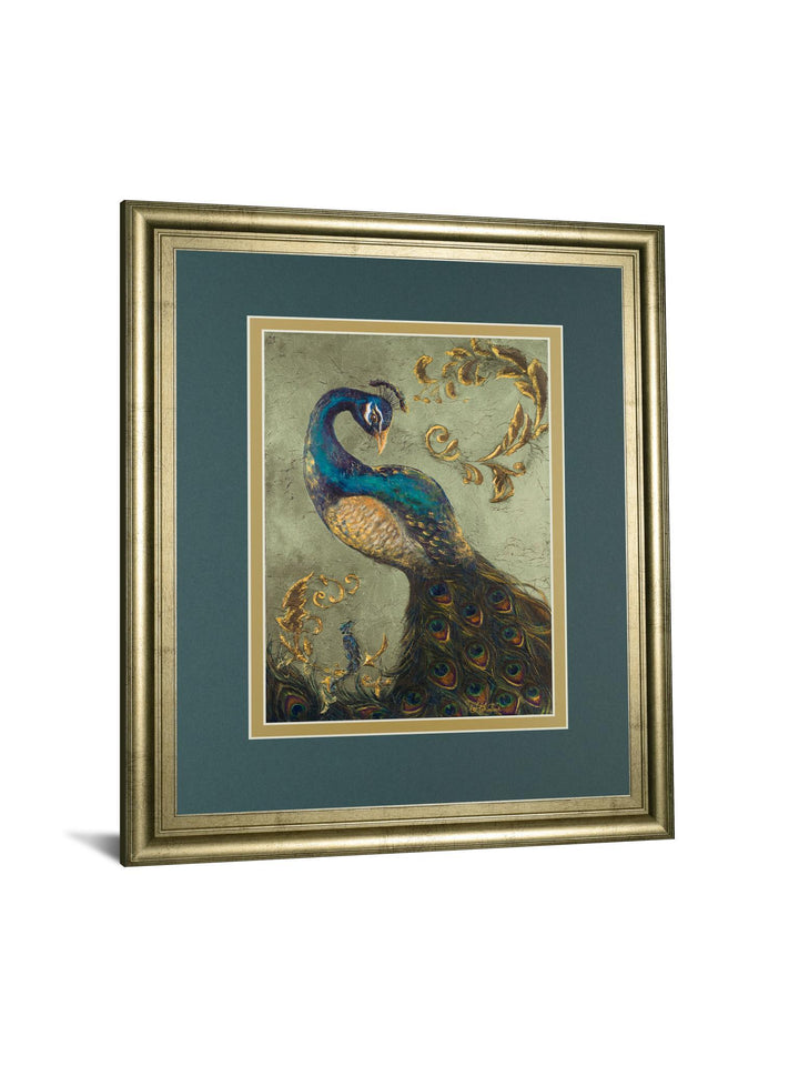 34x40 Peacock On Sage Il By Tiffany Hakimipour - Framed Print Wall Art - Blue