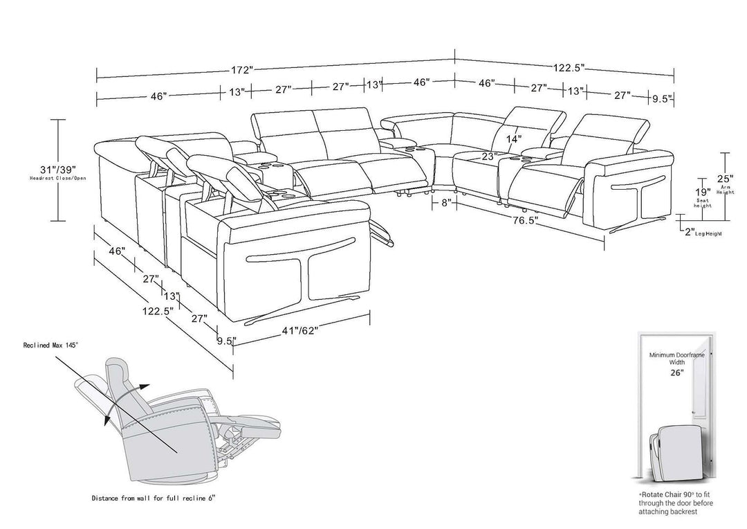 1126 - 12-Piece U-Shaped Sectional Sofa In With 4 Power Recliners &amp; Power Headrests