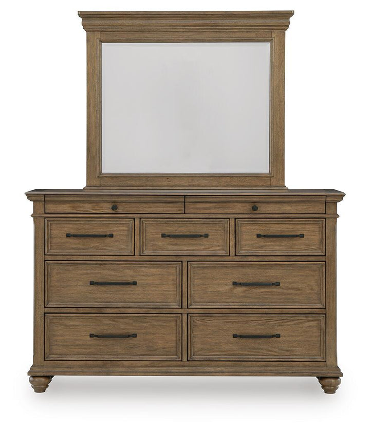Karallin - 3 Pc. - Queen Panel Storage Bed, Dresser And Mirror - Medium Brown