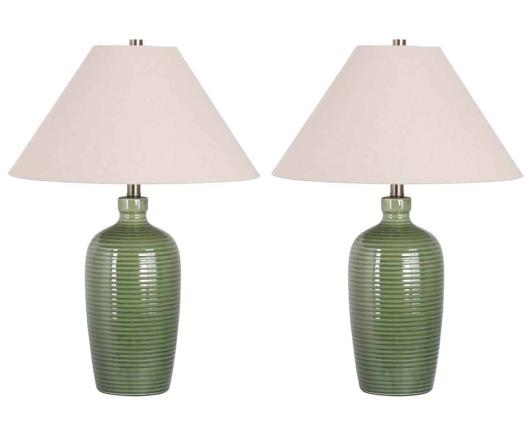 "Verdant Elegance" Ceramic Table Lamp (Set of 2) - Sage Green / Asb