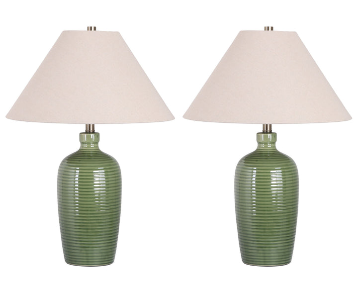 "Verdant Elegance" Ceramic Table Lamp (Set of 2) - Sage Green / Asb