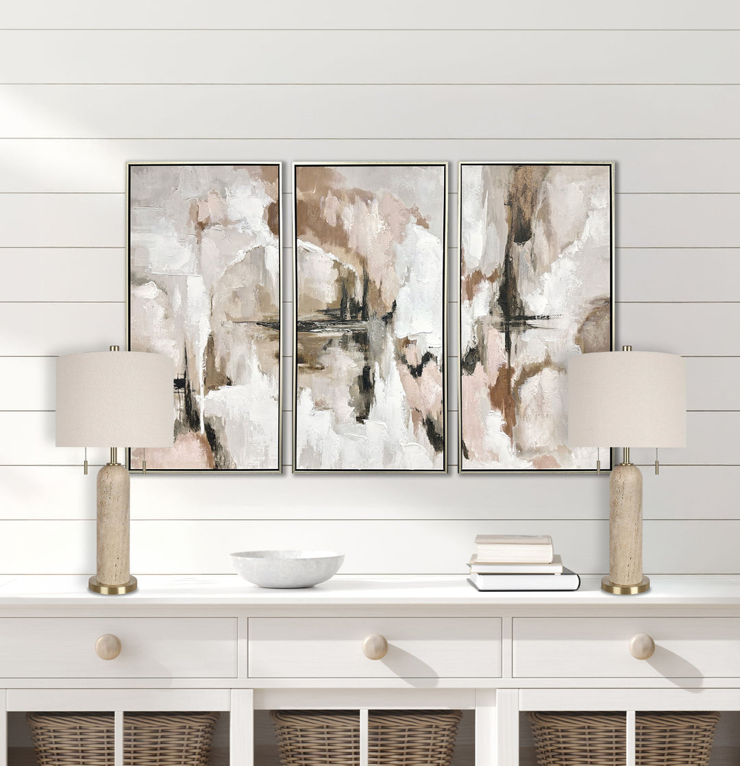 "Travertine Elegance" Travertine Table Lamp (Set of 2) - Travertine / Soft Gold