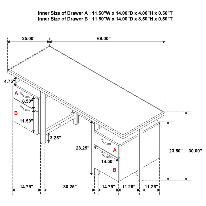 Roldan 69-inch 4-drawer Computer Desk with File Drawer Light Ash