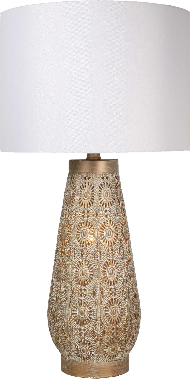 "Celestial Carve" Laser Cut Metal Table Lamp With Night Light (Set of 2) - Distressed White / Distressed Tan