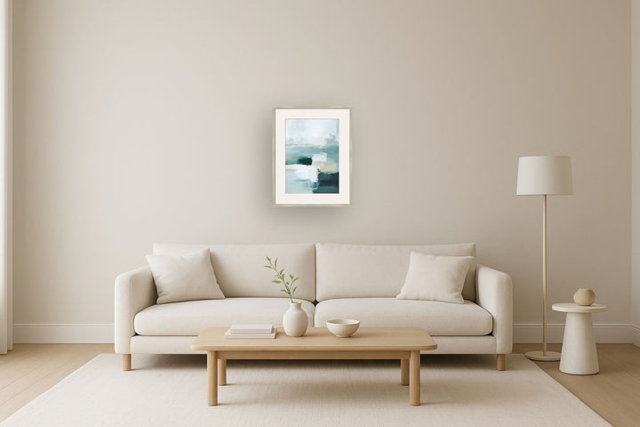 "Tranquil Horizons II" Framed Canvas Under Acrylic - Teal / Gray / Ivory