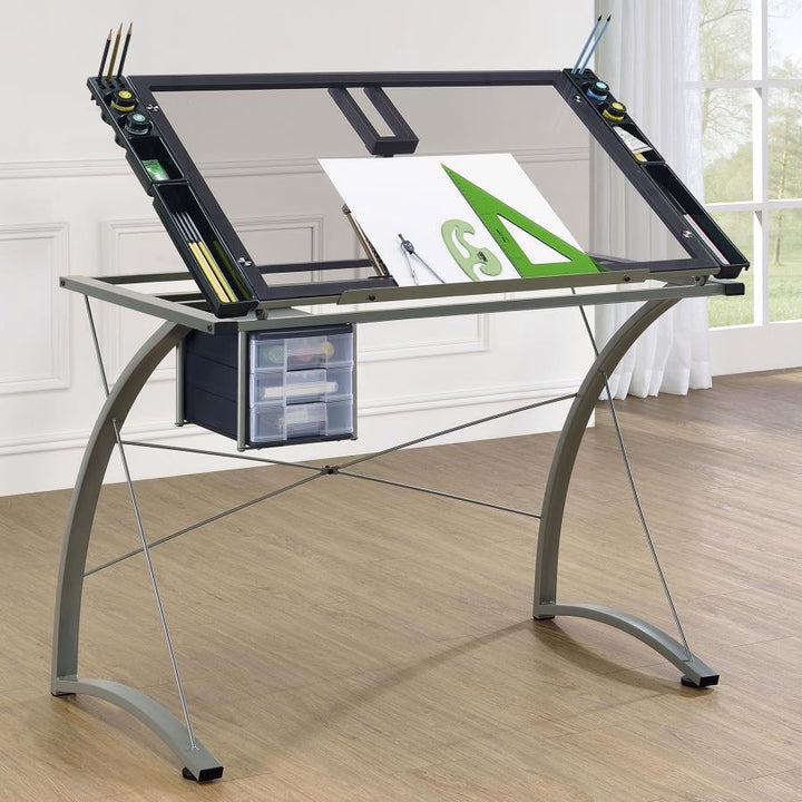 Melo - Glass Top Drafting Table With Storage - Silver