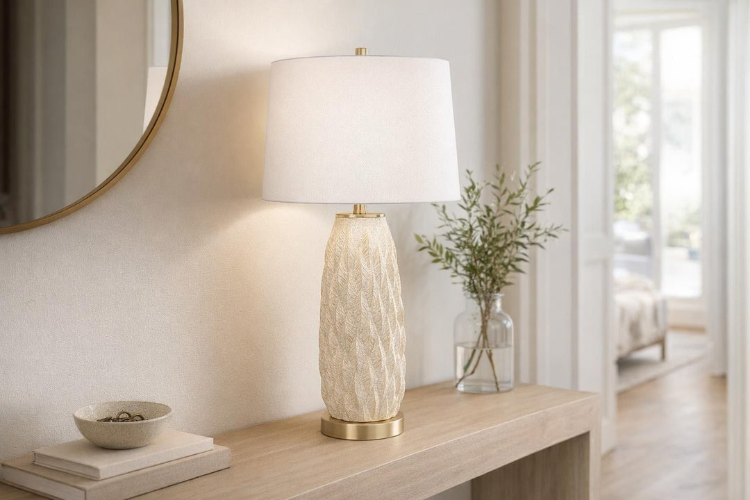 Textured Leaves Carved Ceramic &amp; Metal Table Lamp (Set of 2) - Beige / Soft Gold