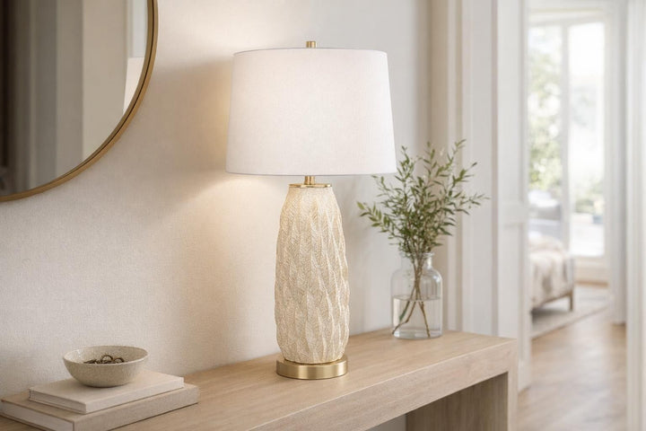 Textured Leaves Carved Ceramic &amp; Metal Table Lamp (Set of 2) - Beige / Soft Gold