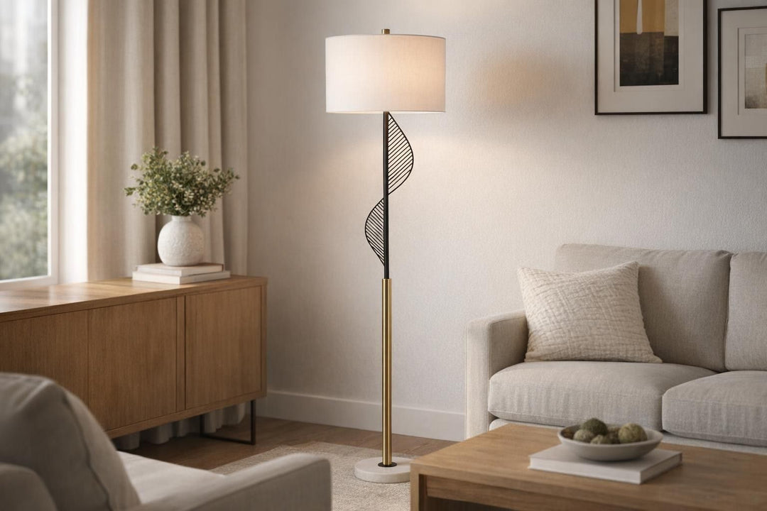 Spiral Radiance I Metal &amp; Marble Floor Lamp - Matte Black / Soft Gold