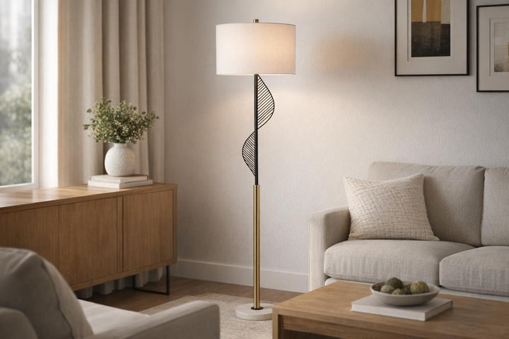 Spiral Radiance I Metal &amp; Marble Floor Lamp - Matte Black / Soft Gold