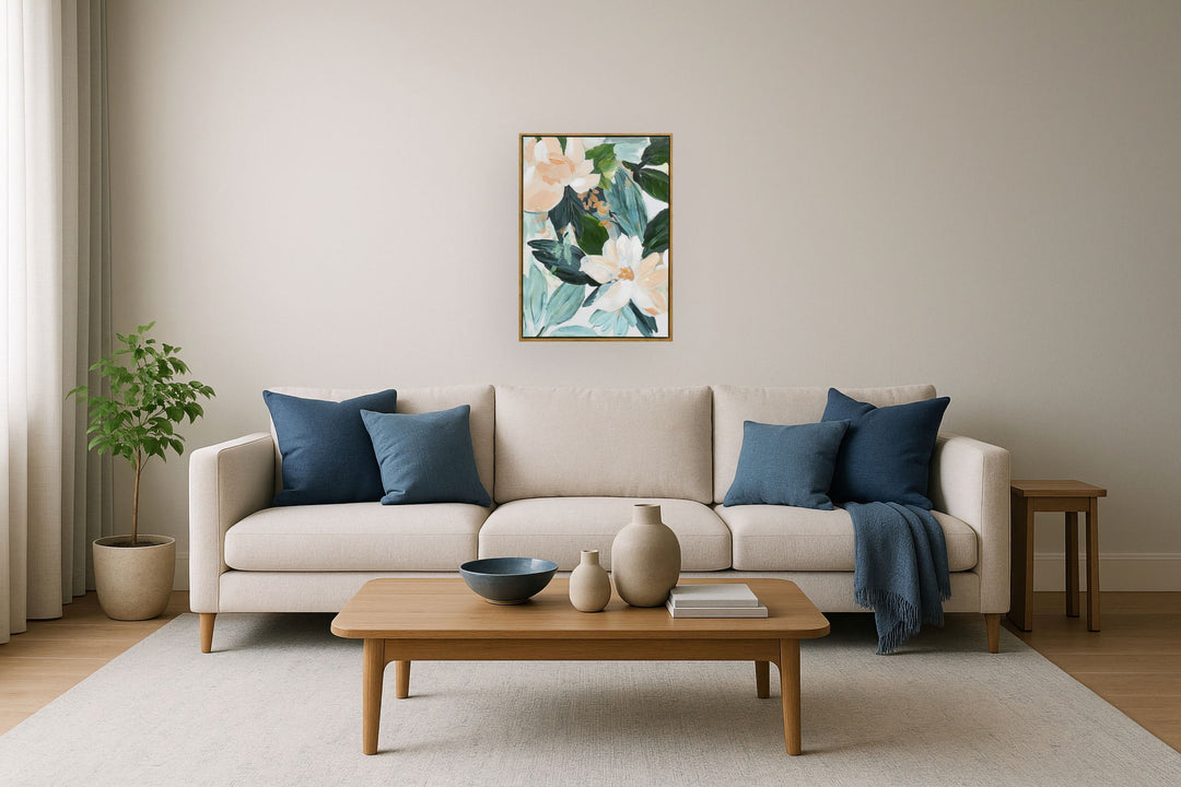 "Floral Serenity I" Hand-Embellished Canvas In Frame - Natural Wood / Peach / Green