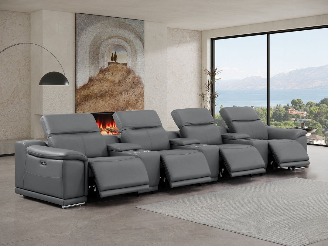 2679 - Genuine Leather Sofa With 4 Power Recliners, Power Headrests &amp; 3 Storage Consoles