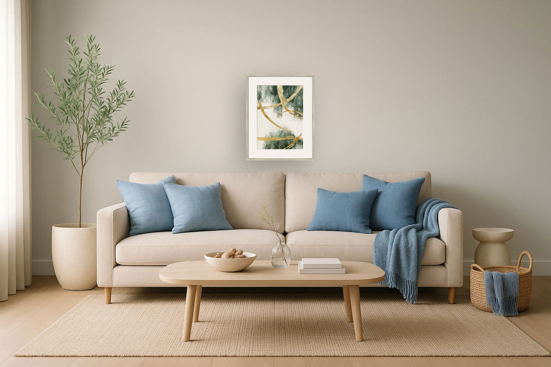 "Golden Strokes I" Hand-Embellished Canvas Framed Under Acrylic - Gold / Green / White