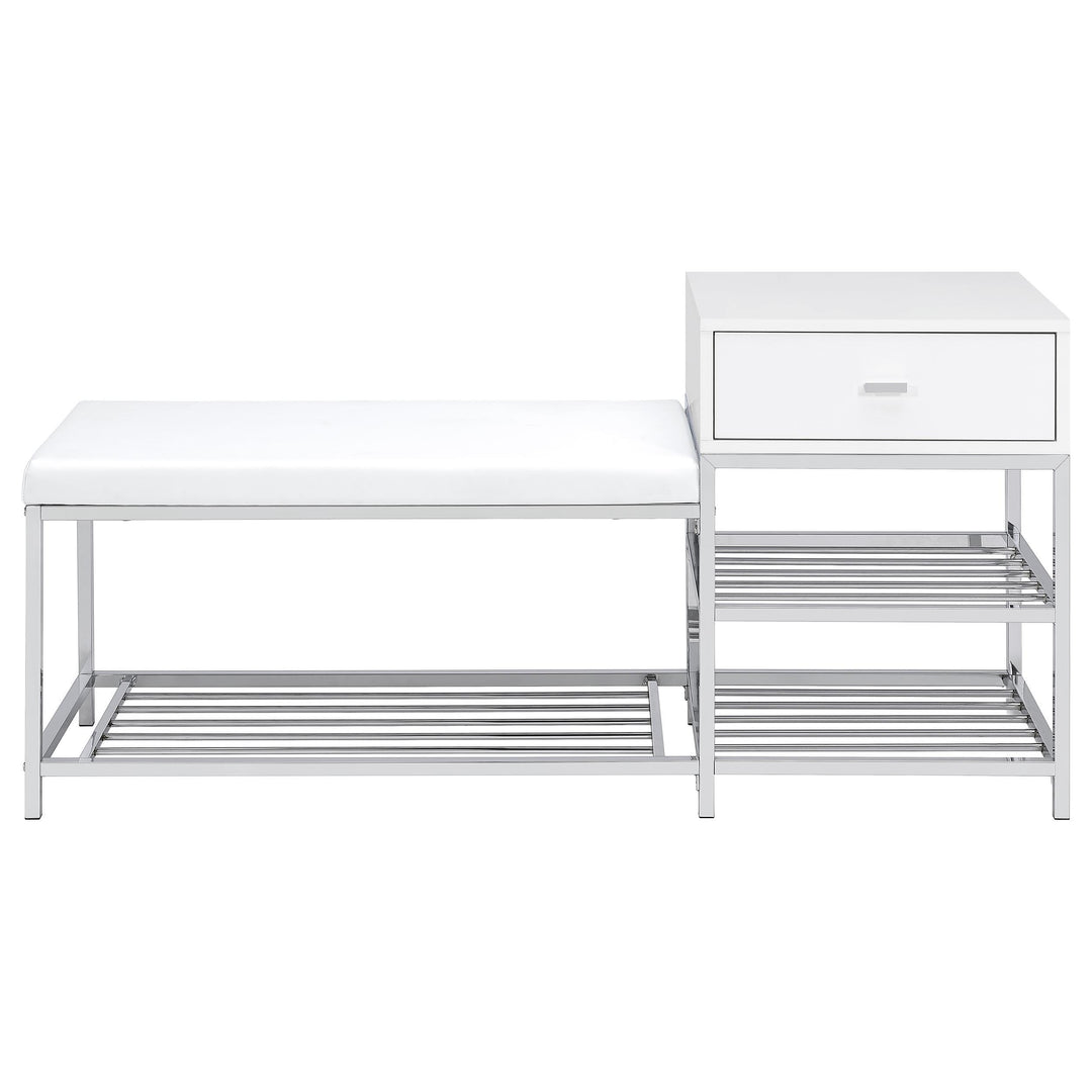 Siega 1-Drawer Shoe Storage Entryway Bench White High Gloss and Chrome