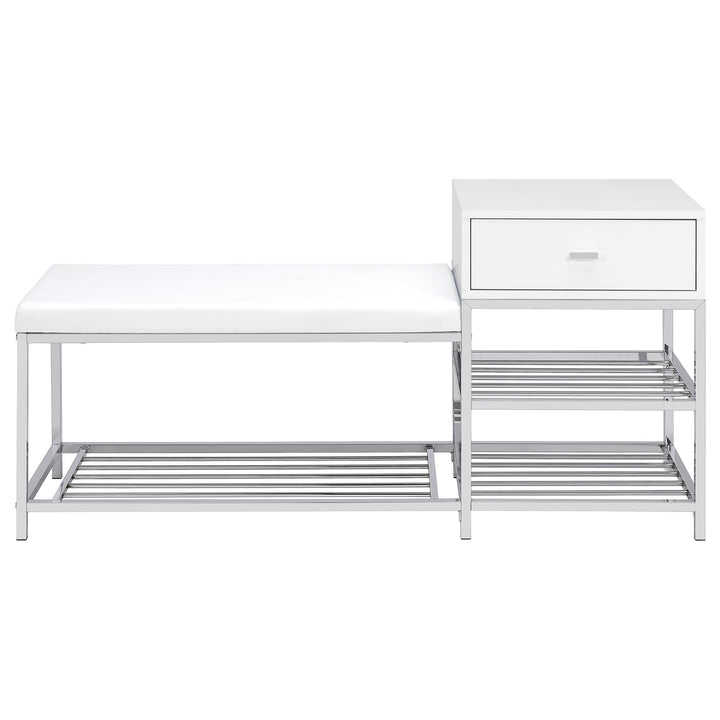 Siega 1-Drawer Shoe Storage Entryway Bench White High Gloss and Chrome