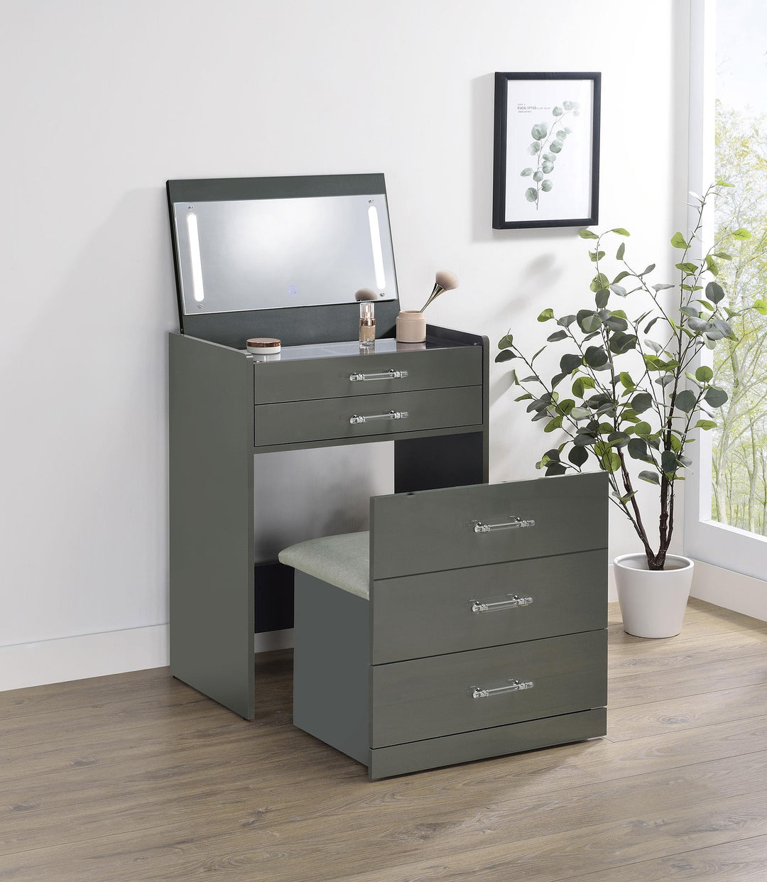Danbury 3-drawer Makeup Vanity &amp; Stool Set Grey High Gloss