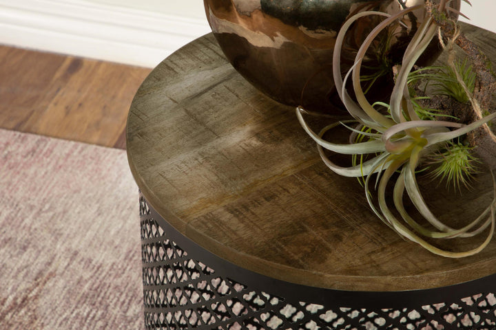 Aurora Round Drum Base Accent Side Table Natural and Black