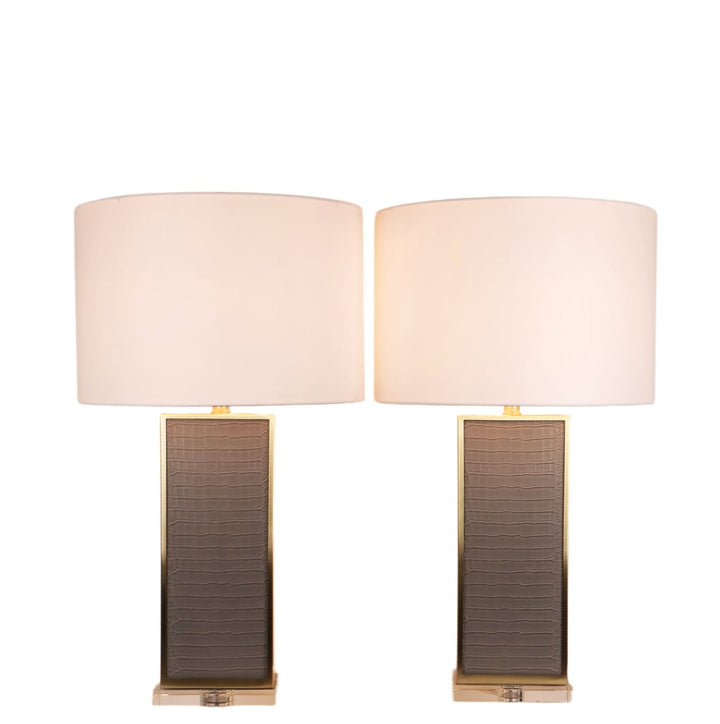Gator Luxe PU Alligator Leather, Crystal &amp; Metal Table Lamp (Set of 2) - Gray Gator Pu / Soft Gold
