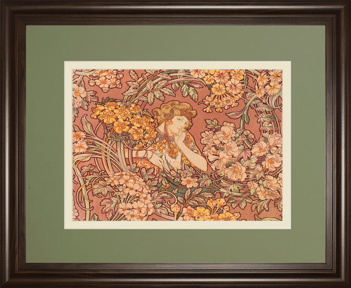 Redhead Among Flowers By Alphonse Mucha - Framed Print Wall Art - Pink