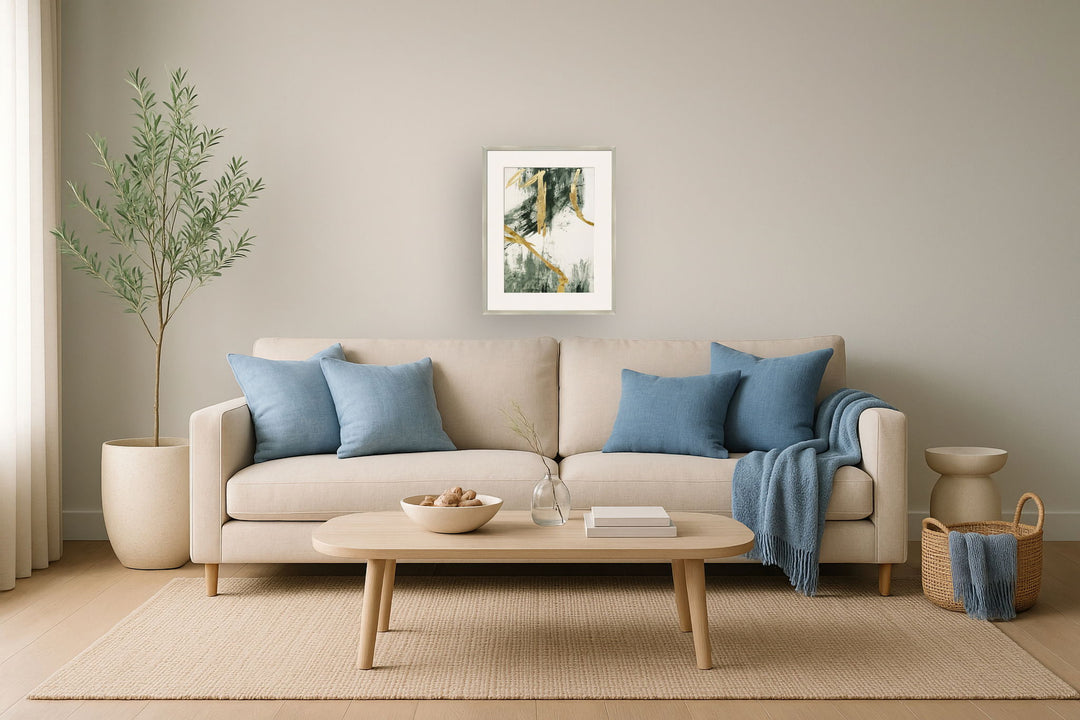 "Golden Strokes II" Hand-Embellished Canvas Framed Under Acrylic - Silver / Green / Gold