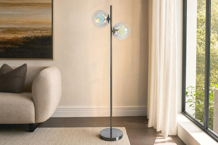 "Celestial Radiance" Metal Floor Lamp With Iridescent Glass Globes - Gun Metal Iridescent Glass