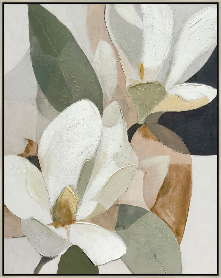 "Magnolia Serenity II" Hand-Embellished Canvas In Frame - Black / Earthy Tones / White