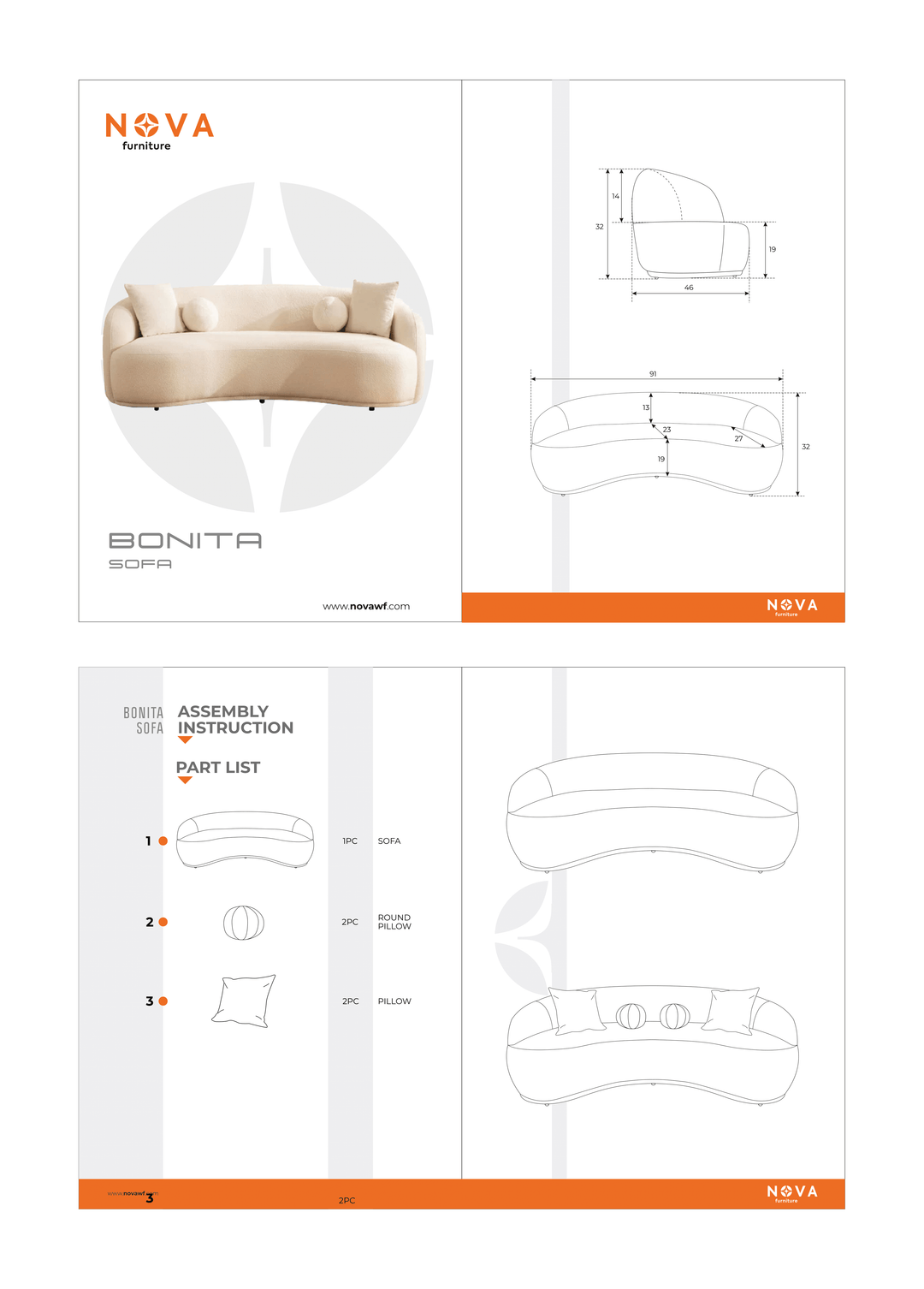 Bonita Ivory Boucle Sofa 91"