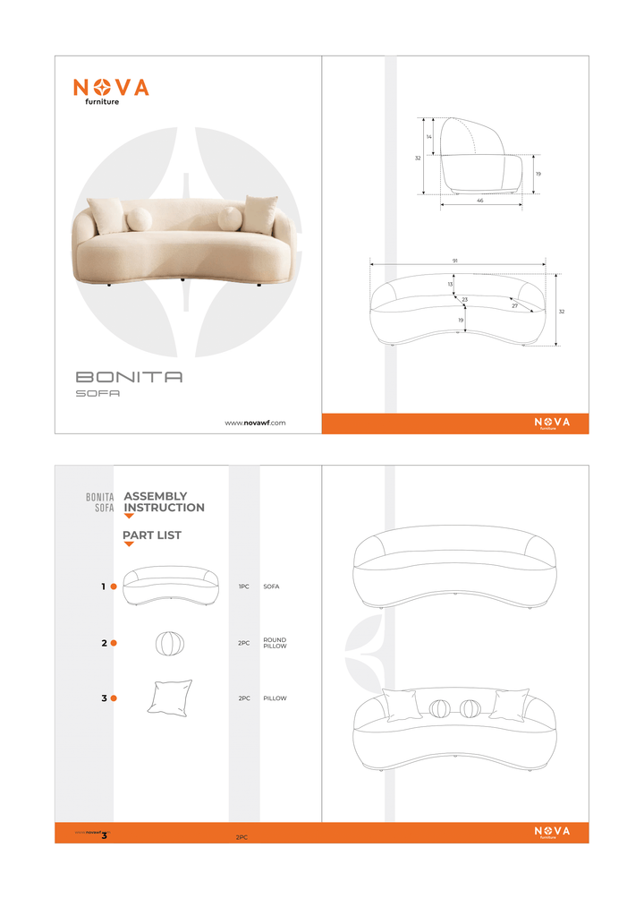 Bonita Ivory Boucle Sofa 91"