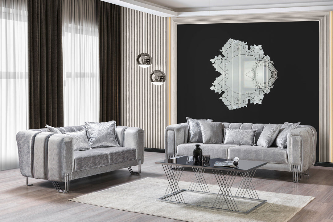 Santana Silver Velvet Sofa 89" &amp; Loveseat 69"