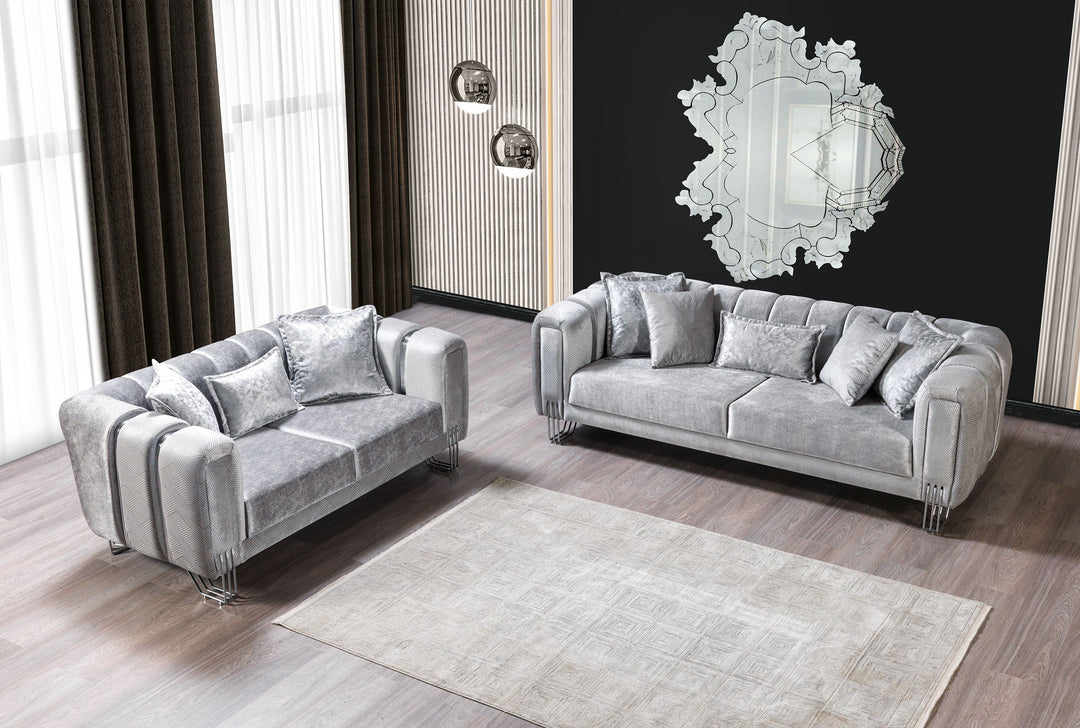 Santana Silver Velvet Sofa 89" &amp; Loveseat 69"