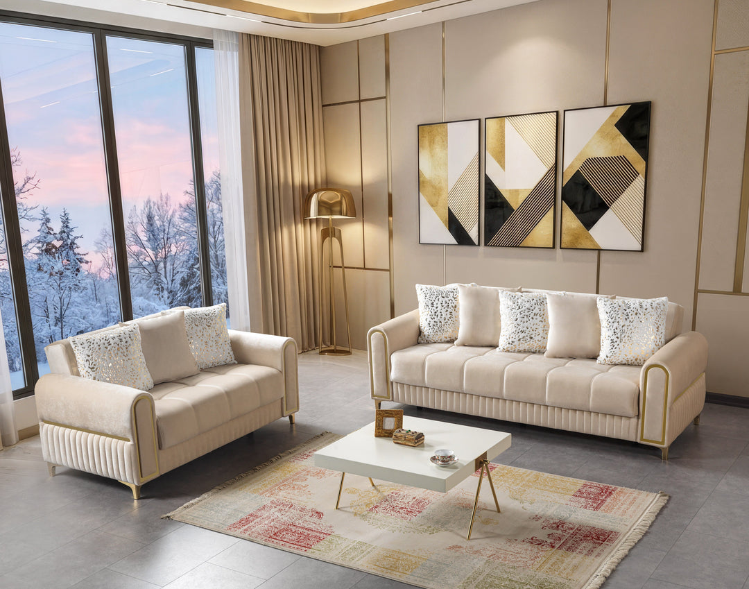 Sandra Ivory Velvet Sofa 88" &amp; Loveseat 64"