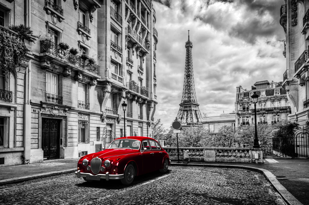 Framed Small - Red Car In Paris - Dark Gray