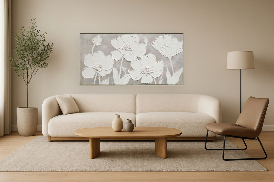 "Textured Blossoms" Hand-Painted Canvas In Frame - White / Gray