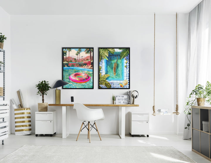 Poolside Prowl Hand-Embellished LED Canvas In Frame - Green / Blue