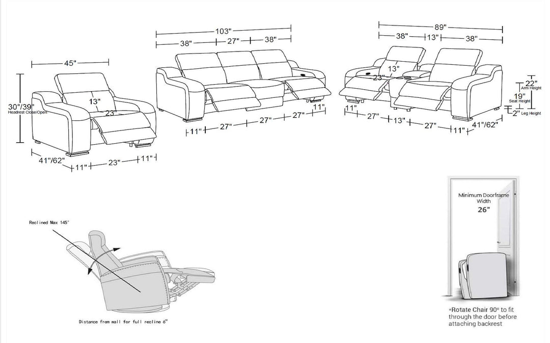 1116 - 7-Piece Modular Power Reclining Sofa, Loveseat & Chair Set In With 5 Power Recliners & Power Headrests