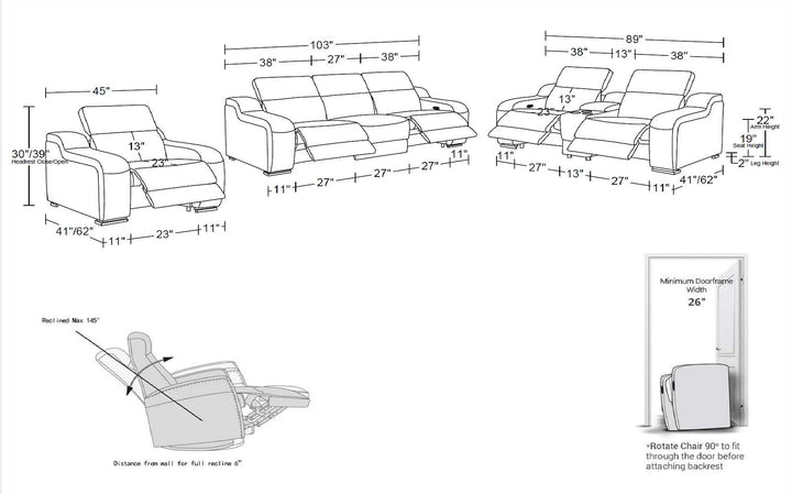1116 - 7-Piece Modular Power Reclining Sofa, Loveseat & Chair Set In With 5 Power Recliners & Power Headrests
