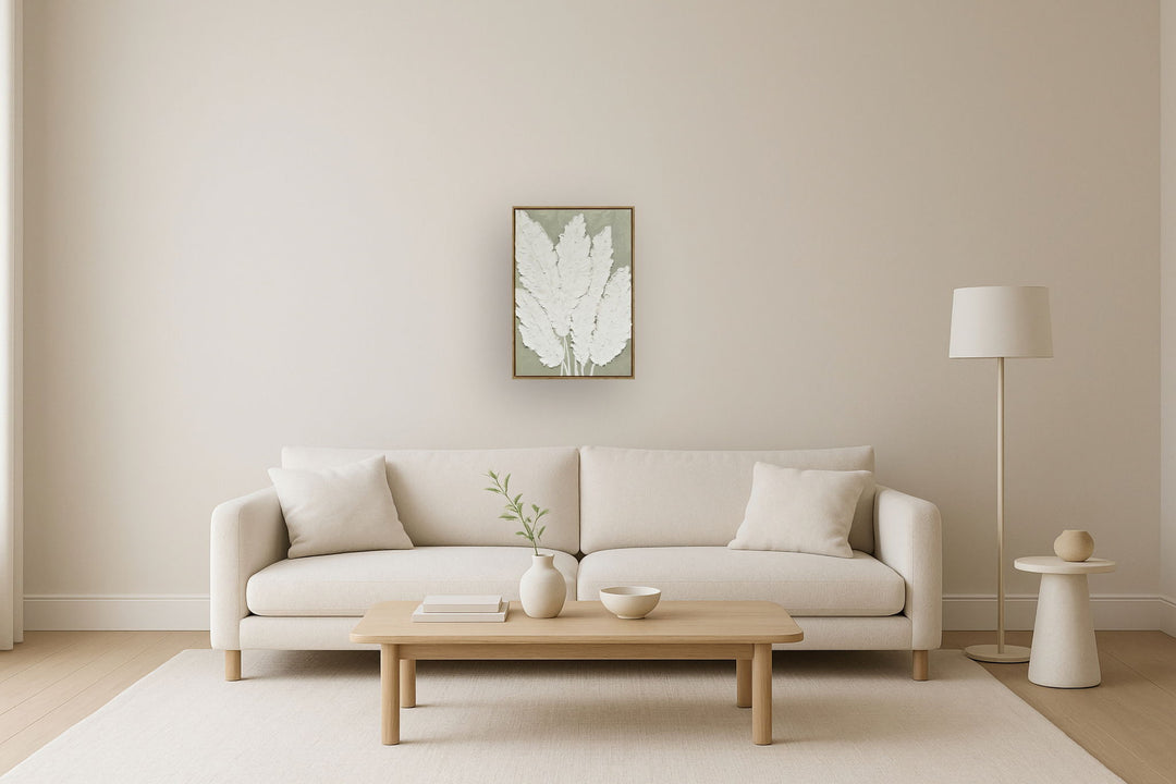 "Textured Foliage II" Hand-Embellished Canvas In Frame - Gray / White / Wood