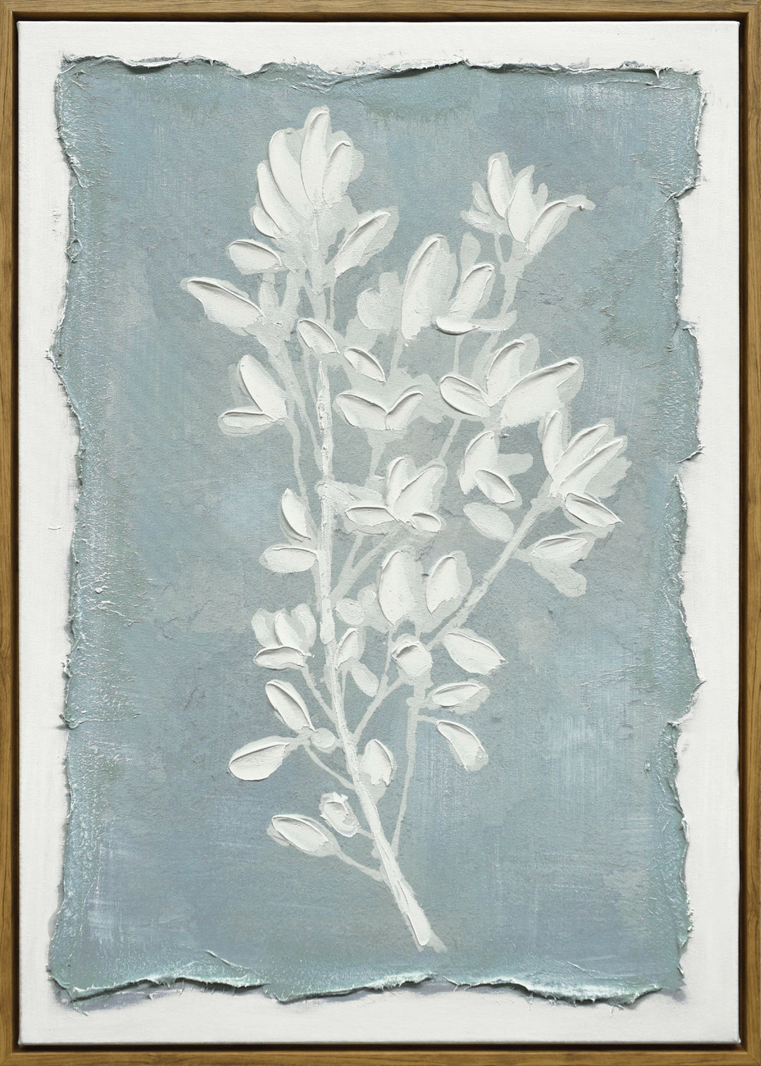 "Whispering Blooms II" Hand-Embellished Canvas In Frame - Blue / White / Wood