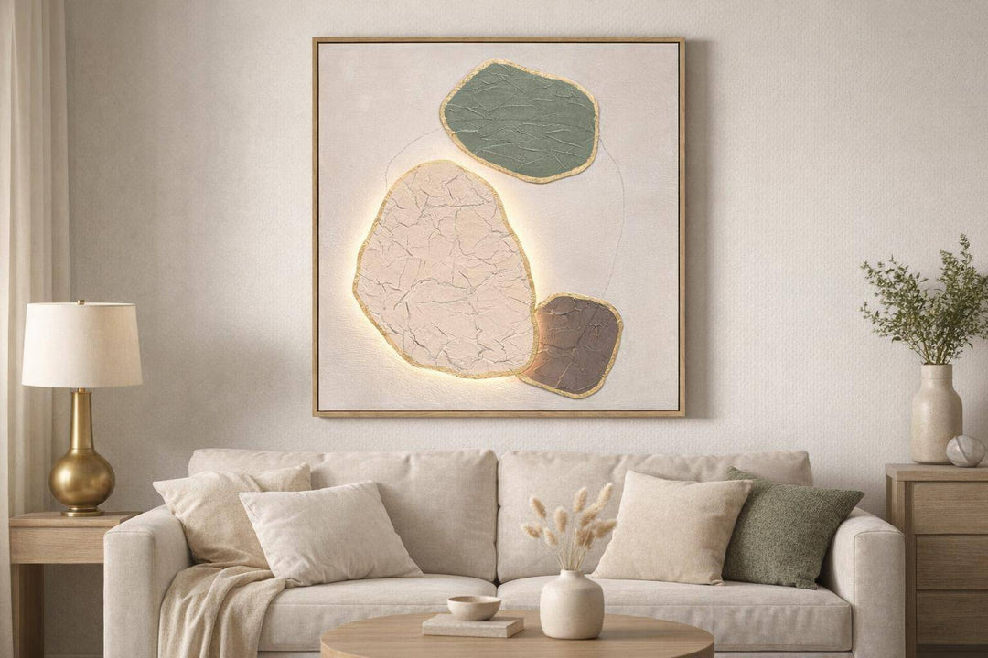 Earthen Forms I Hand-Painted LED Canvas In Frame - Ivory / Sage