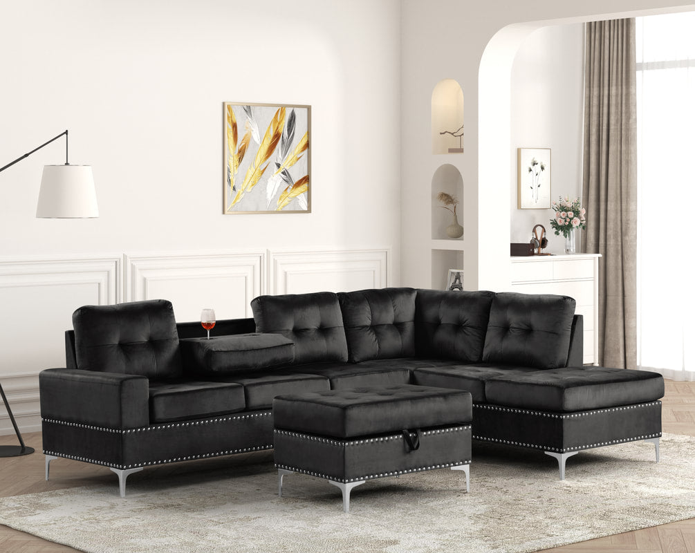 Anserra Black Reversible Sectional + Ottoman Set